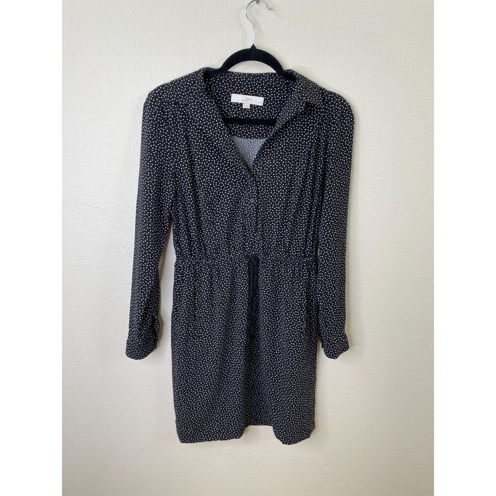 Ann Taylor Loft Petites Black Polka Dot Long Sleeve Button Front Dress 4P V-Neck